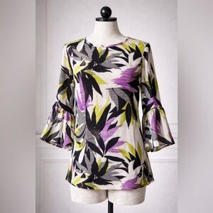 The Limited Floral Bell-Sleeve Blouse in Purple, Lime & Black